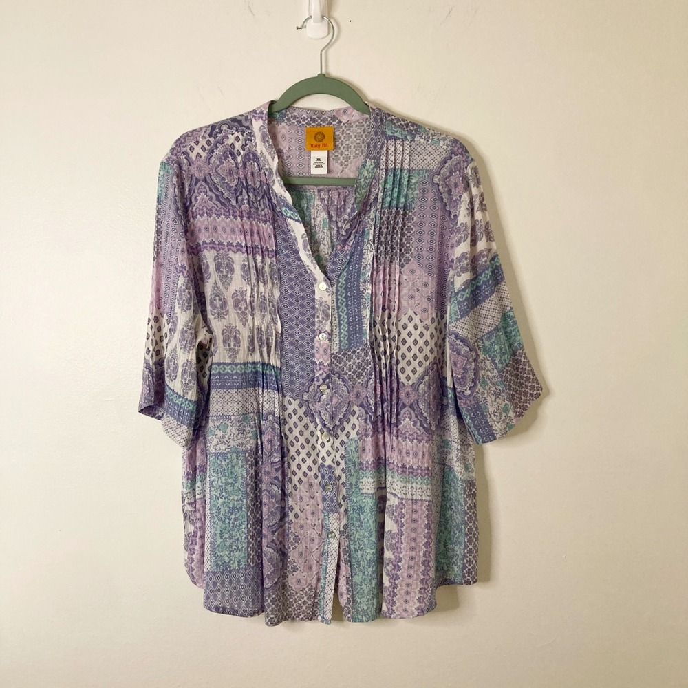Patchwork Paisley Pintuck Button Front Blouse Ruby Rd XL Boho Artsy Purple Blue